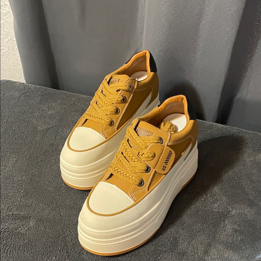 Women’s Mustard Yellow Platform Sneakers with Cream Sole - Picture 2 of 7